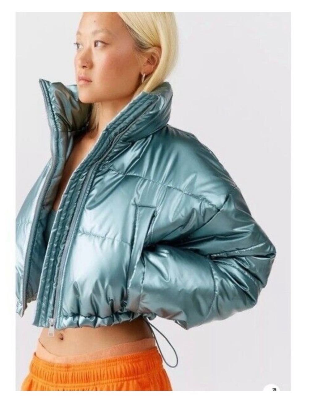 Urban Outfitters Taryn Metallic Teal Cropped Puffer Jacket